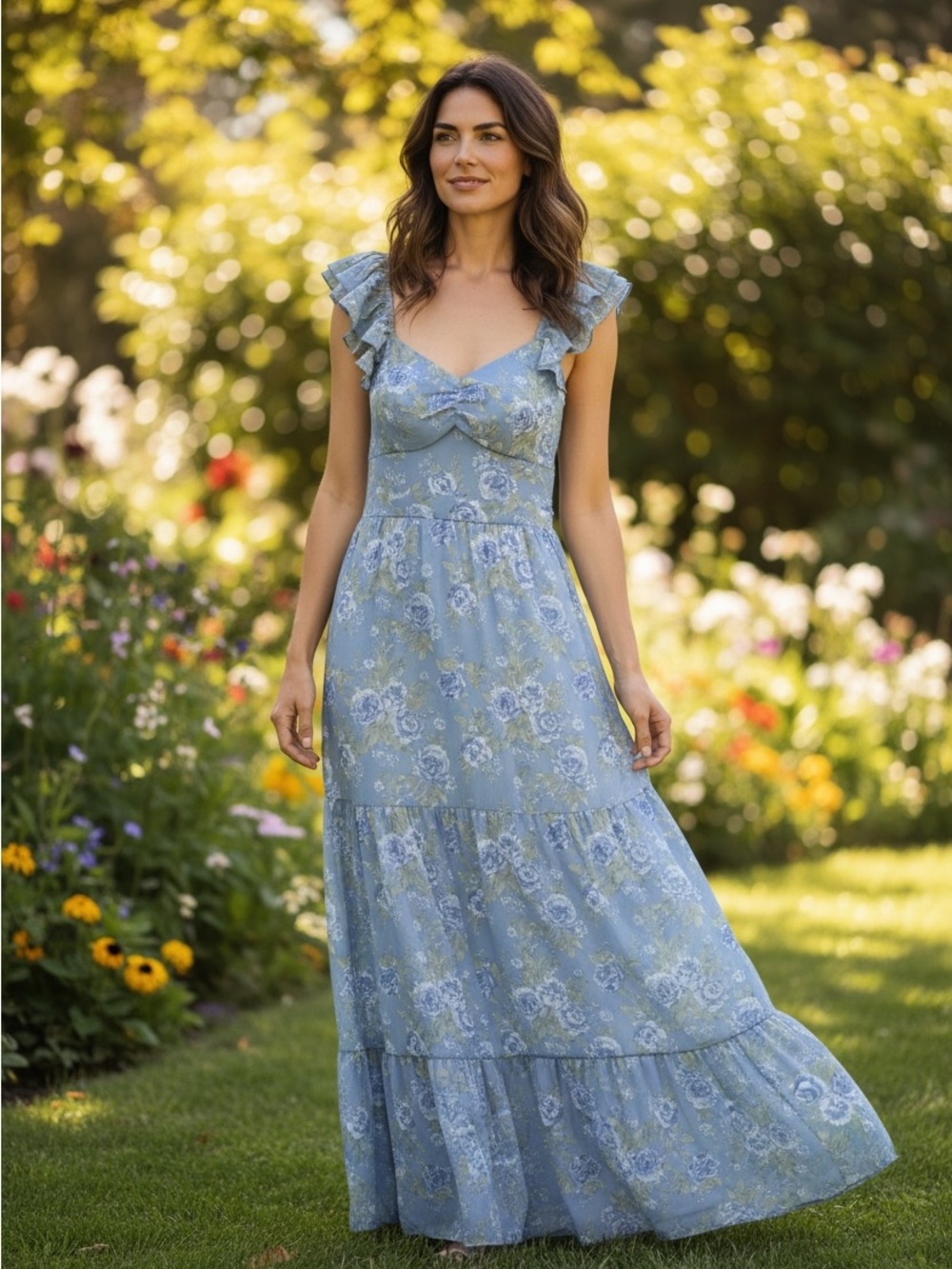 Altar’d State Lotte Dusty Blue Floral Ruffle Maxi Dress XL NWT Cottagecore